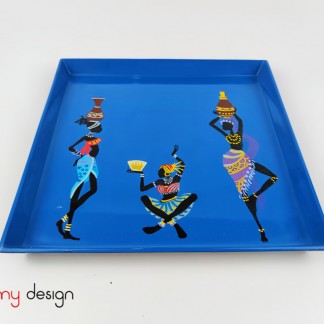 Small blue square lacquer tray hand-painted with 3 girls 22 cm